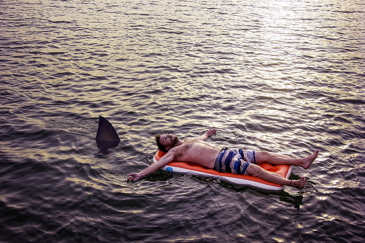 Man floating unaware of shark